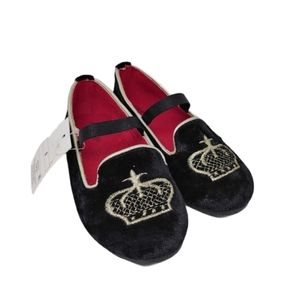 🆕 Girls black velvet crown queen flat shoes 8